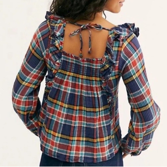 Free People Navy Sienna Plaid Long Sleeve Top - Picture 2 of 10